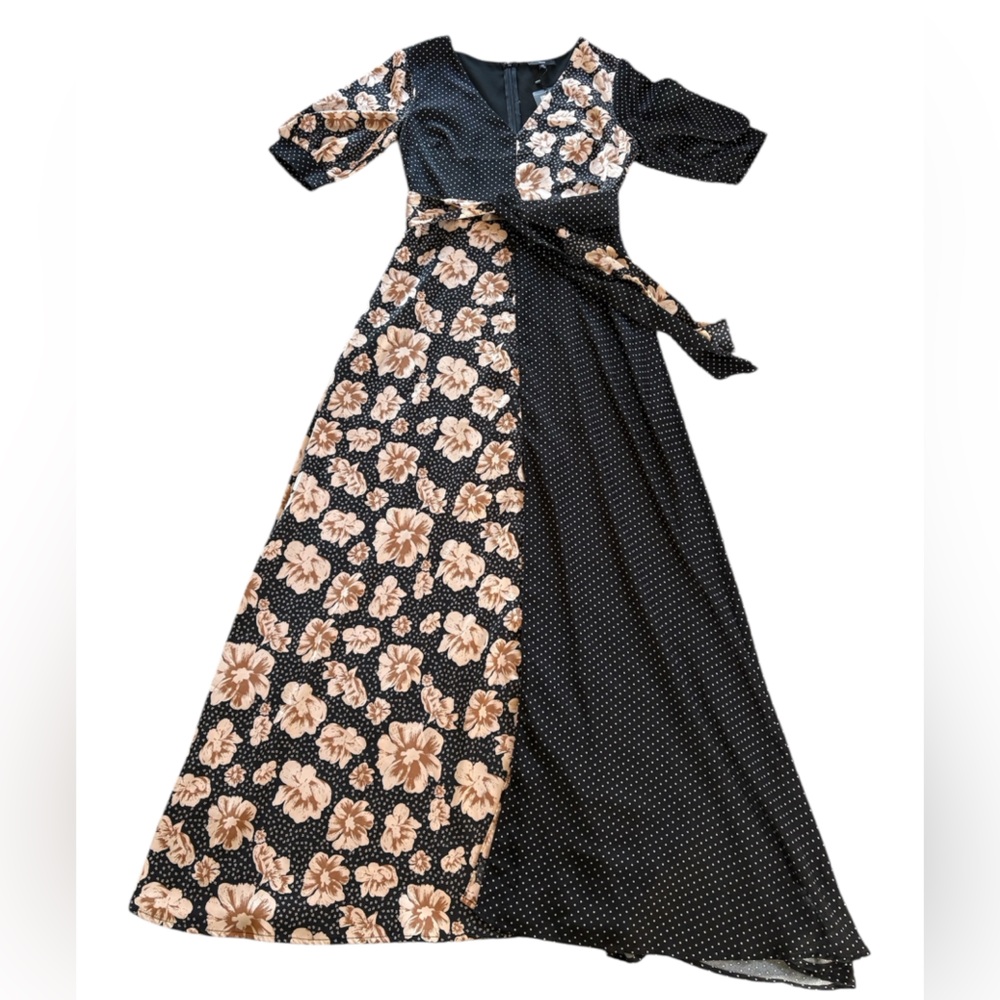 Mixed Print Puff Sleeve Maxi Dress